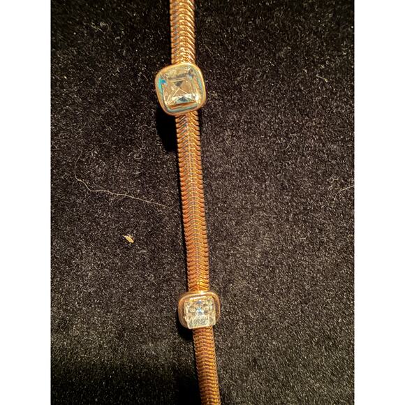 Yellow gold tone snake chain necklace featuring square bezel-set crystals 18-21” - Picture 2 of 5